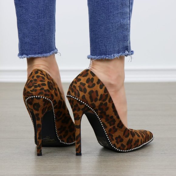 Leopard Vegan Suede High Heel Pumps With Studs - Picture 6 of 6